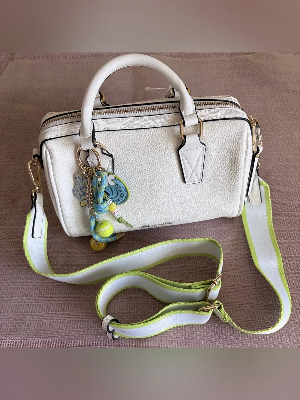 Aldo White Pebbled Satchel with Lime-Trim Strap